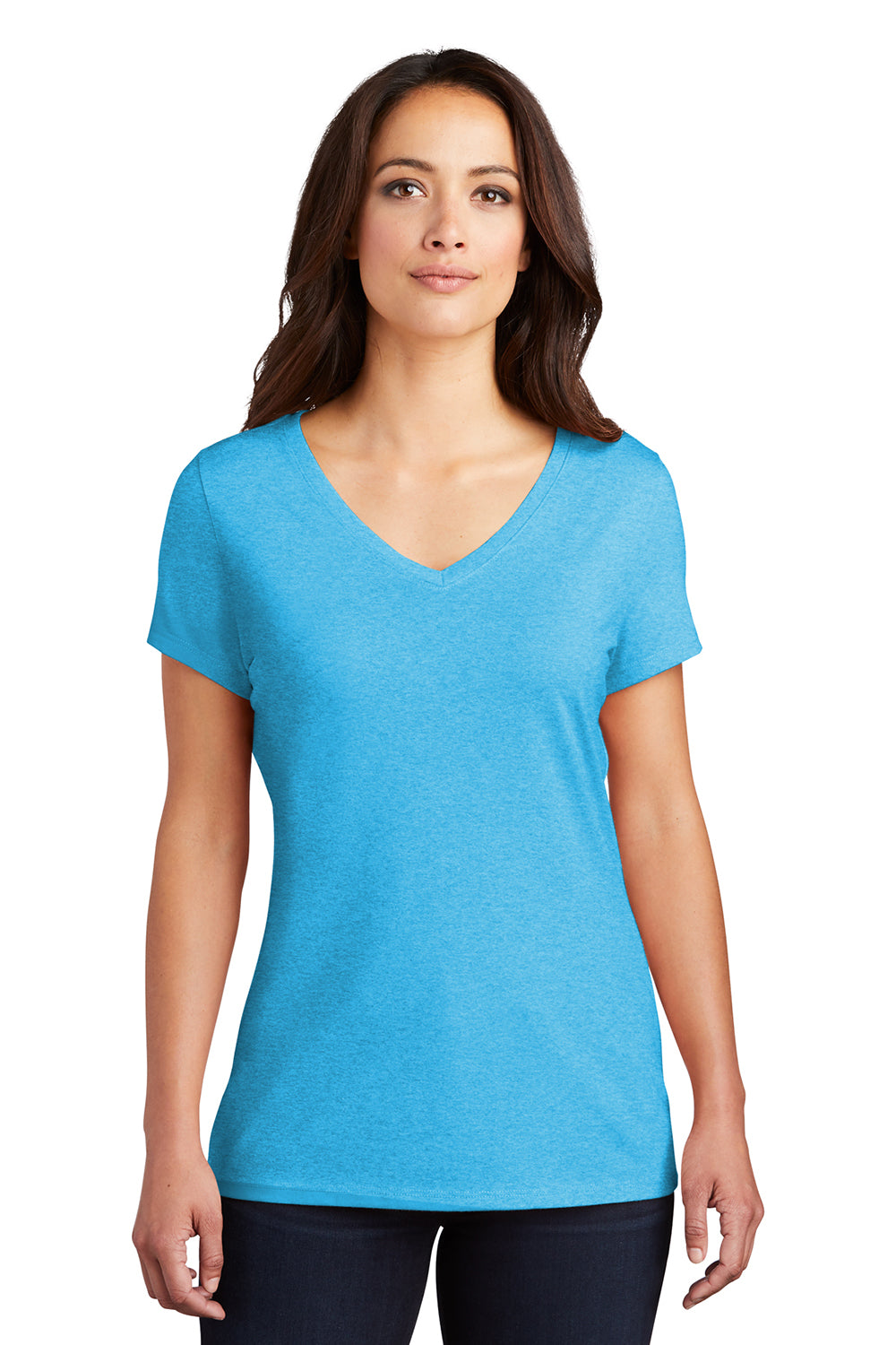 District DM1350L Womens Perfect Tri Short Sleeve V-Neck T-Shirt Turquoise Blue Frost Model Front