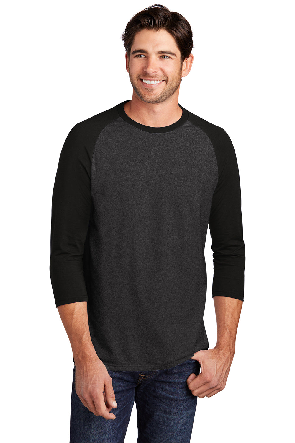 District DM136 Mens Perfect Tri 3/4 Sleeve Crewneck T-Shirt Black Frost/Black Model Front