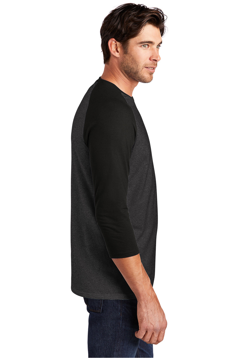 District DM136 Mens Perfect Tri 3/4 Sleeve Crewneck T-Shirt Black Frost/Black Model Side