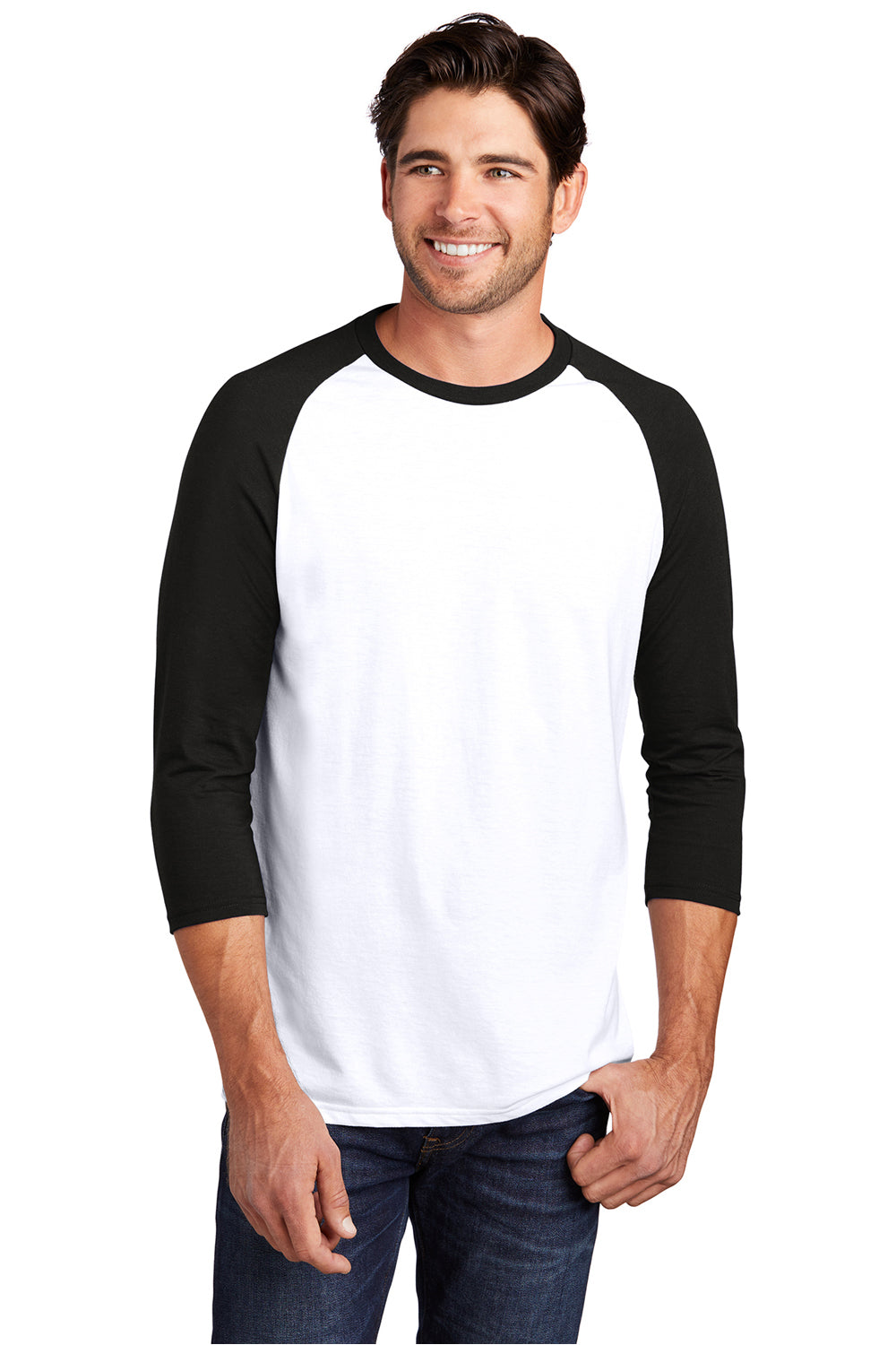 District DM136 Mens Perfect Tri 3/4 Sleeve Crewneck T-Shirt White/Black Model Front