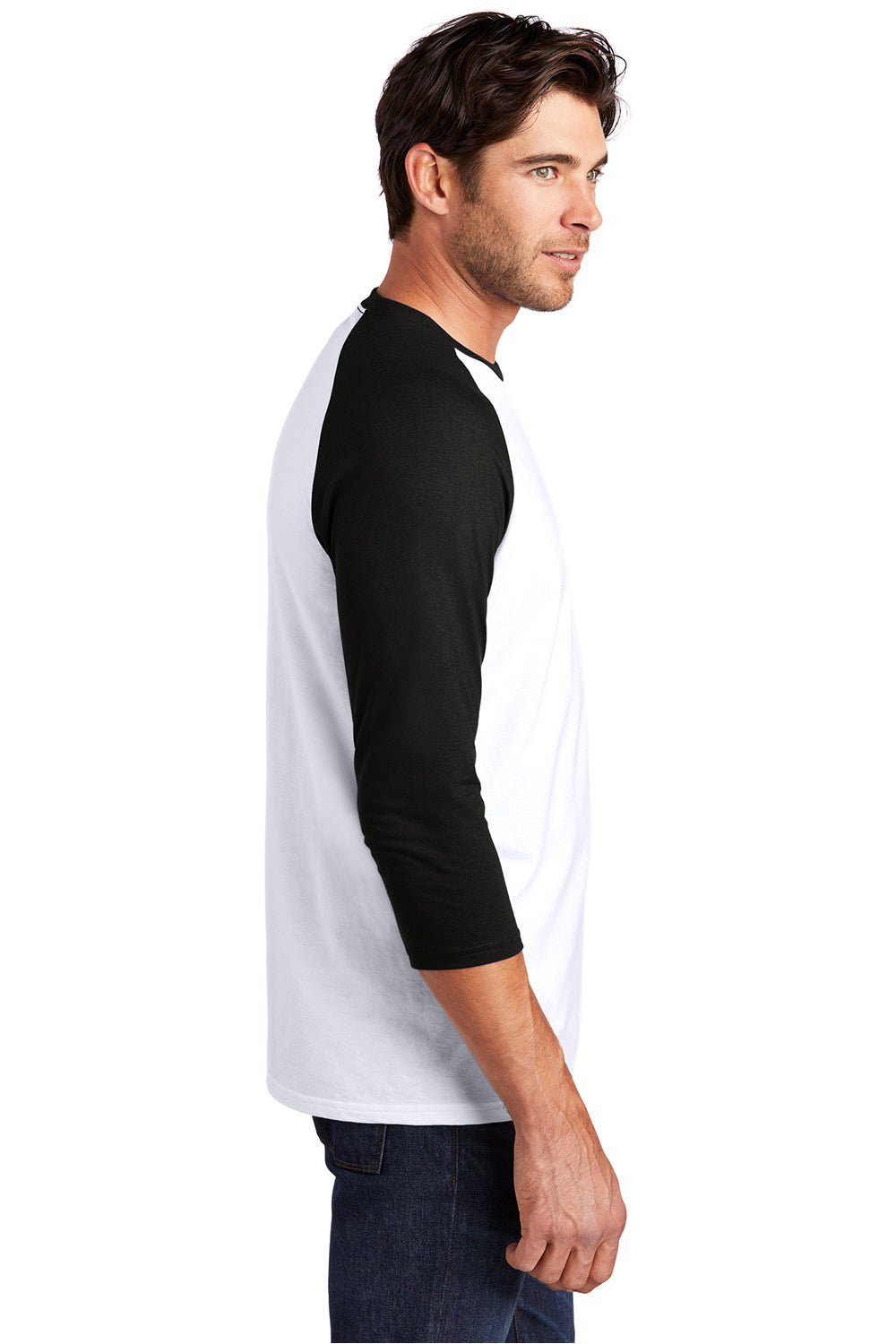 District DM136 Mens Perfect Tri 3/4 Sleeve Crewneck T-Shirt White/Black Model Side