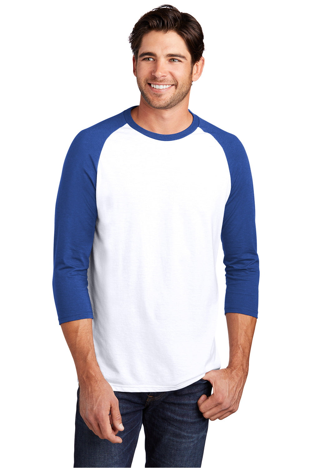 District DM136 Mens Perfect Tri 3/4 Sleeve Crewneck T-Shirt White/Deep Royal Blue Model Front