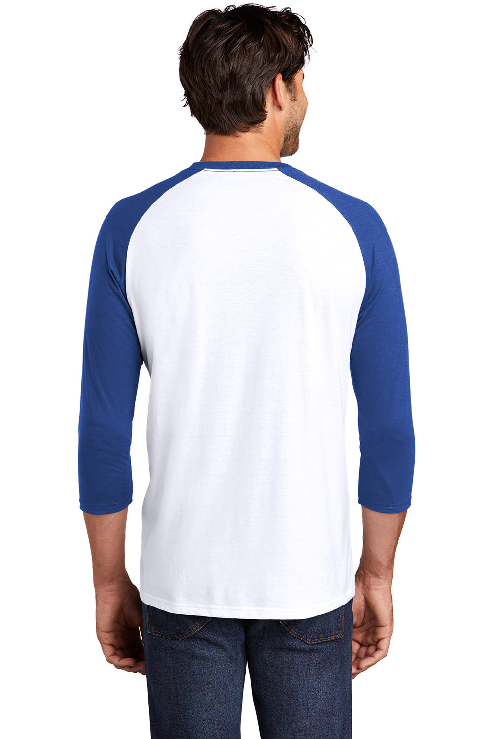 District DM136 Mens Perfect Tri 3/4 Sleeve Crewneck T-Shirt White/Deep Royal Blue Model Back