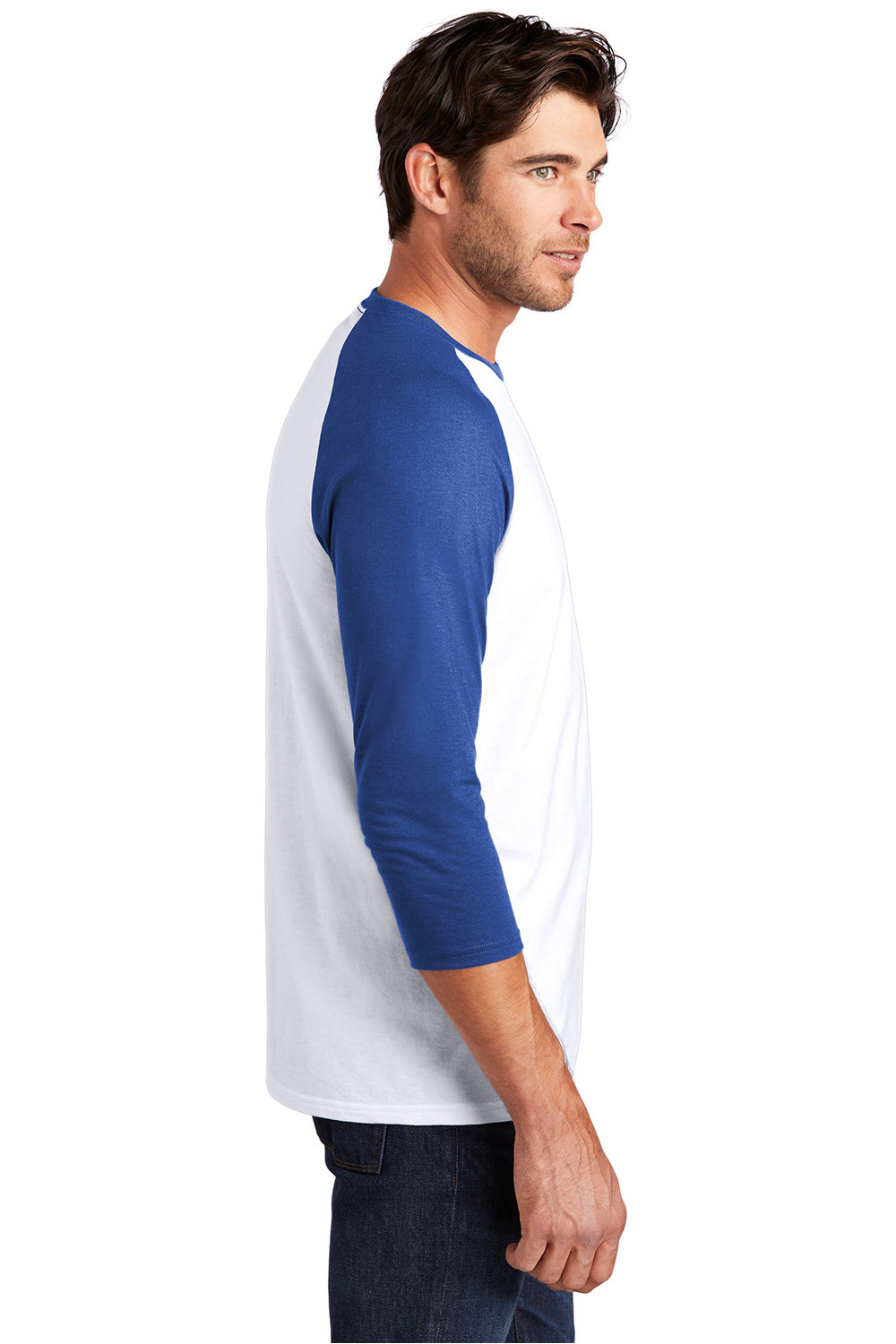 District DM136 Mens Perfect Tri 3/4 Sleeve Crewneck T-Shirt White/Deep Royal Blue Model Side