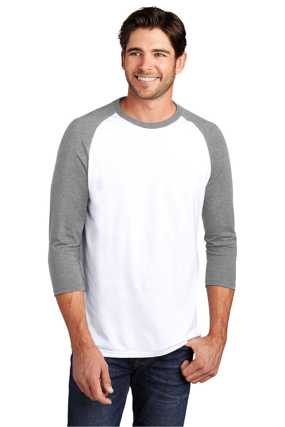 District DM136 Mens Perfect Tri 3/4 Sleeve Crewneck T-Shirt White/Grey Frost Model Front