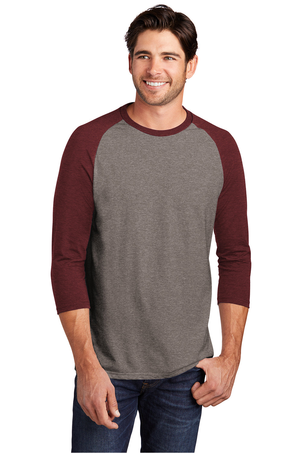 District DM136 Mens Perfect Tri 3/4 Sleeve Crewneck T-Shirt Grey Frost/Maroon Frost Model Front