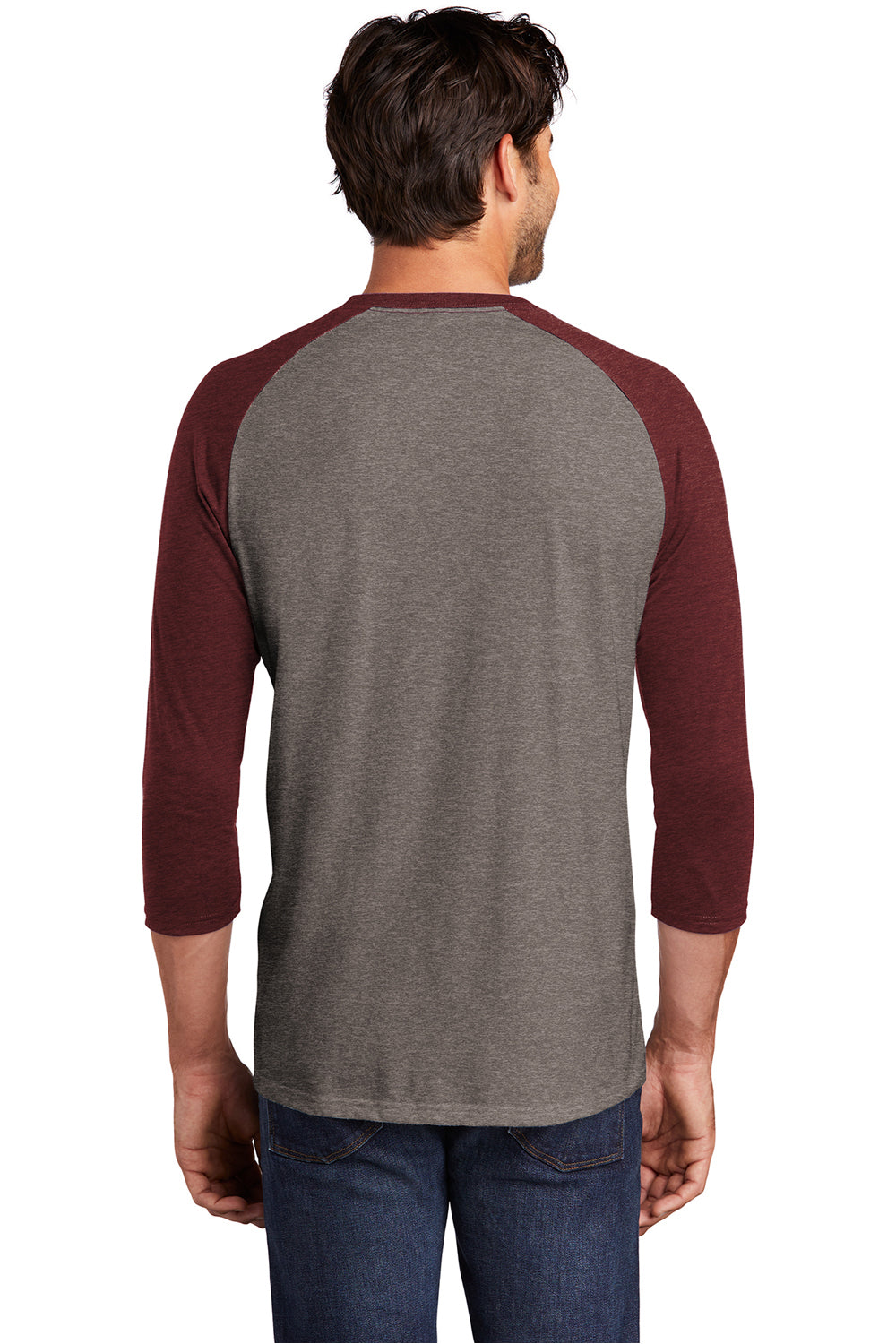 District DM136 Mens Perfect Tri 3/4 Sleeve Crewneck T-Shirt Grey Frost/Maroon Frost Model Back