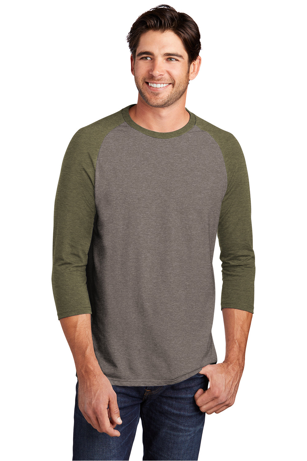 District DM136 Mens Perfect Tri 3/4 Sleeve Crewneck T-Shirt Grey Frost/Military Green Frost Model Front