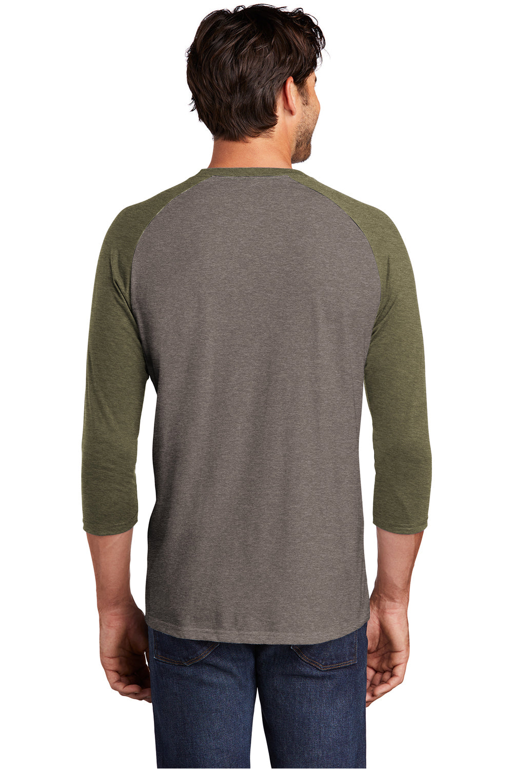 District DM136 Mens Perfect Tri 3/4 Sleeve Crewneck T-Shirt Grey Frost/Military Green Frost Model Back