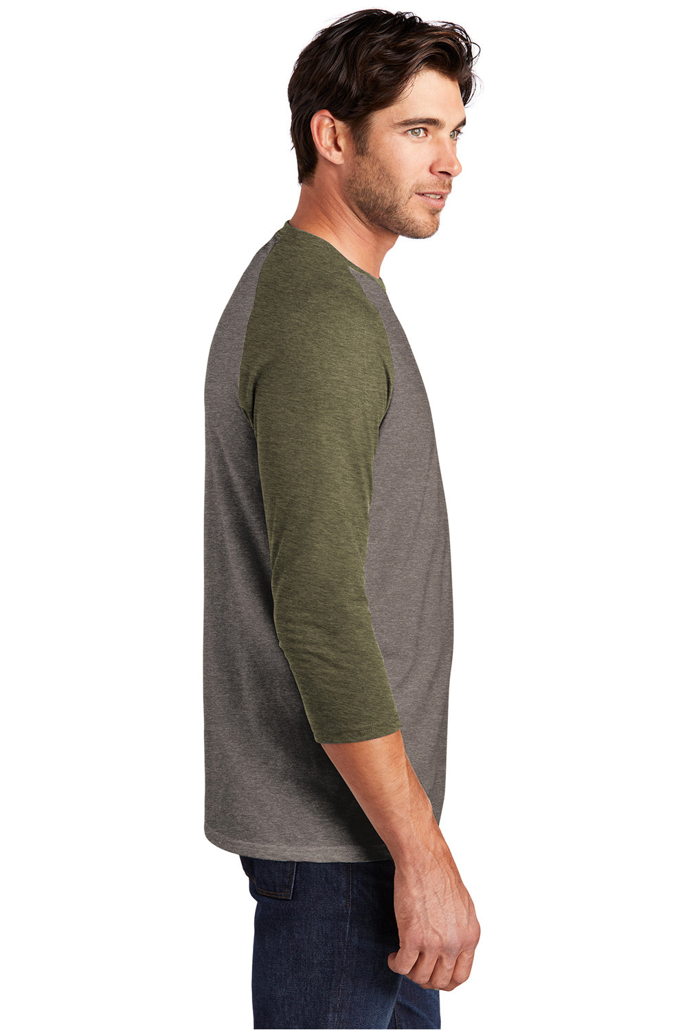 District DM136 Mens Perfect Tri 3/4 Sleeve Crewneck T-Shirt Grey Frost/Military Green Frost Model Side