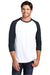 District DM136 Mens Perfect Tri 3/4 Sleeve Crewneck T-Shirt White/New Navy Blue Model Front