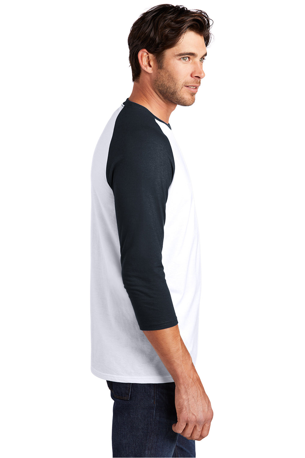 District DM136 Mens Perfect Tri 3/4 Sleeve Crewneck T-Shirt White/New Navy Blue Model Side