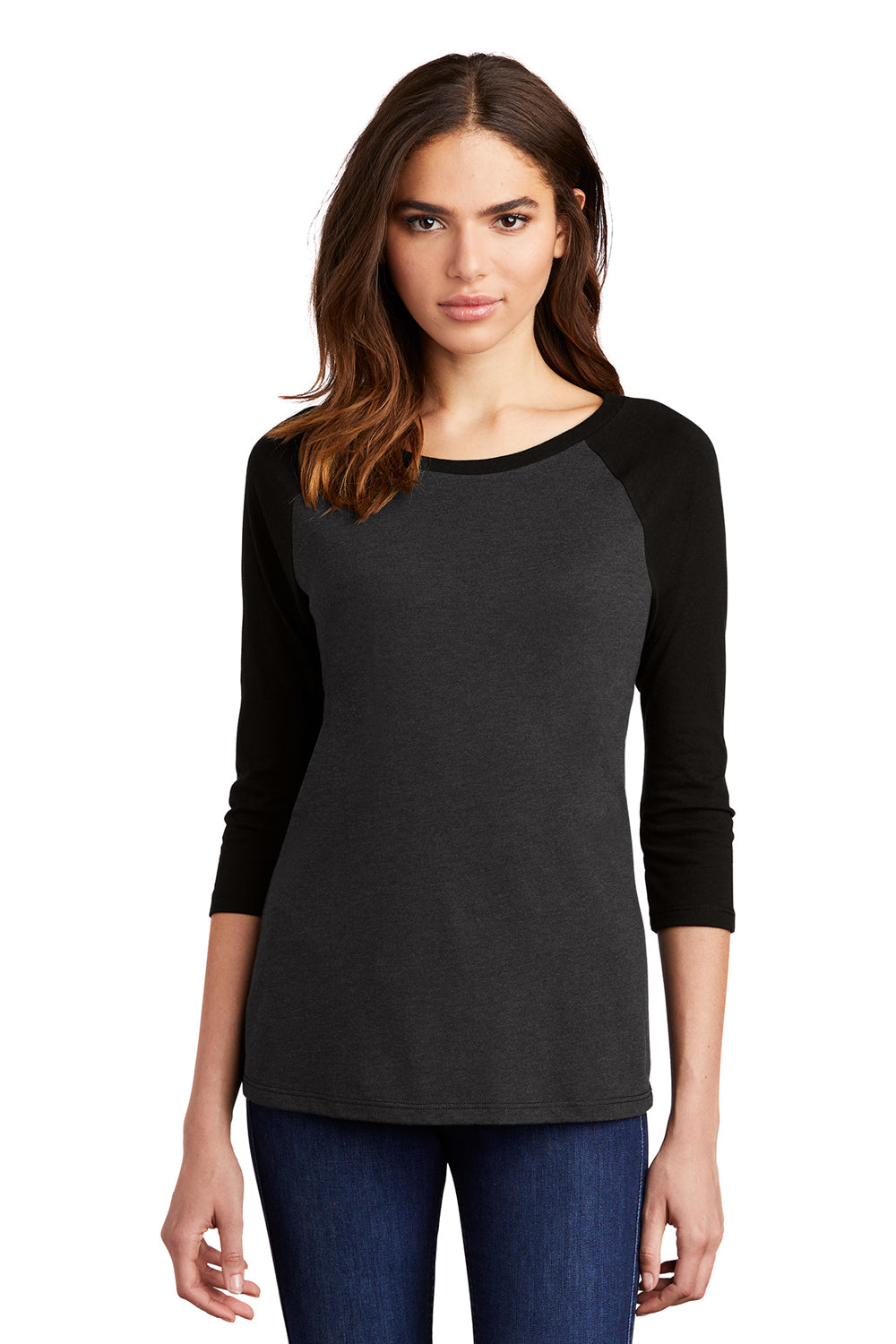 District DM136L Womens Perfect Tri 3/4 Sleeve Crewneck T-Shirt Black Frost/Black Model Front