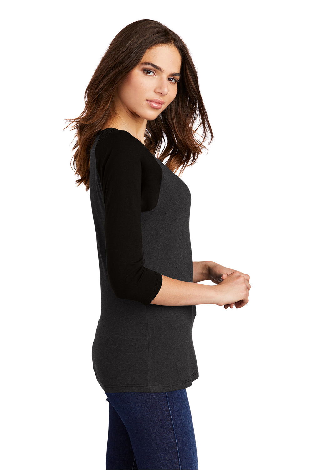 District DM136L Womens Perfect Tri 3/4 Sleeve Crewneck T-Shirt Black Frost/Black Model Side