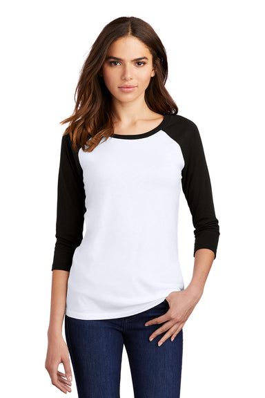 District DM136L Womens Perfect Tri 3/4 Sleeve Crewneck T-Shirt White/Black Model Front