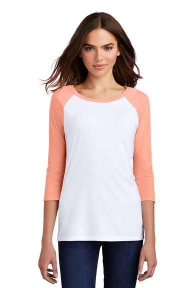 District DM136L Womens Perfect Tri 3/4 Sleeve Crewneck T-Shirt White/Heather Dusty Peach Model Front