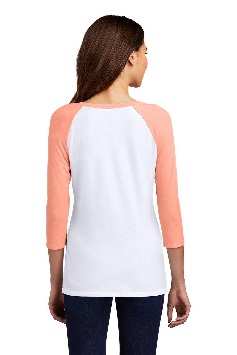 District DM136L Womens Perfect Tri 3/4 Sleeve Crewneck T-Shirt White/Heather Dusty Peach Model Back