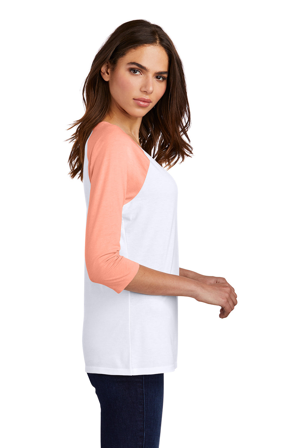 District DM136L Womens Perfect Tri 3/4 Sleeve Crewneck T-Shirt White/Heather Dusty Peach Model Side