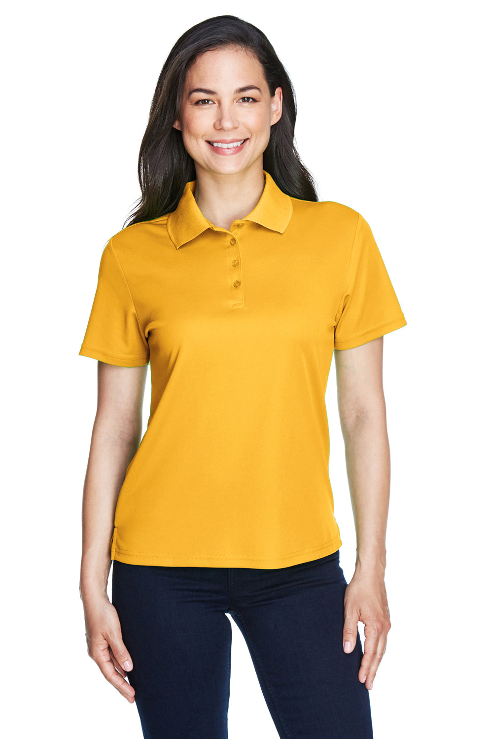 Core 365 78181 Womens Origin Performance Moisture Wicking Short Sleeve Polo Shirt Campus Gold Model Front