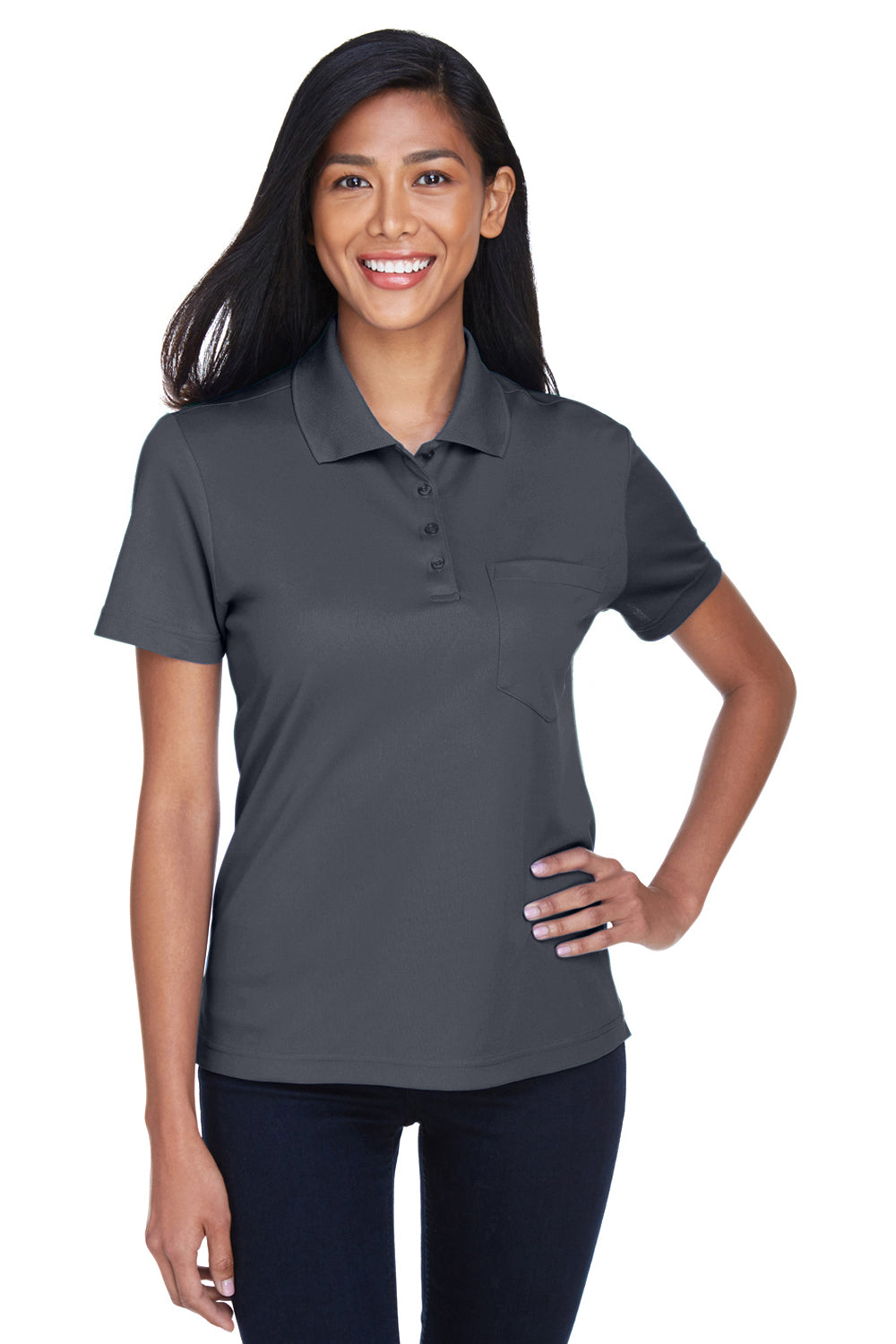 Core 365 78181P Womens Origin Performance Moisture Wicking Short Sleeve Polo Shirt w/ Pocket Carbon Grey Model Front