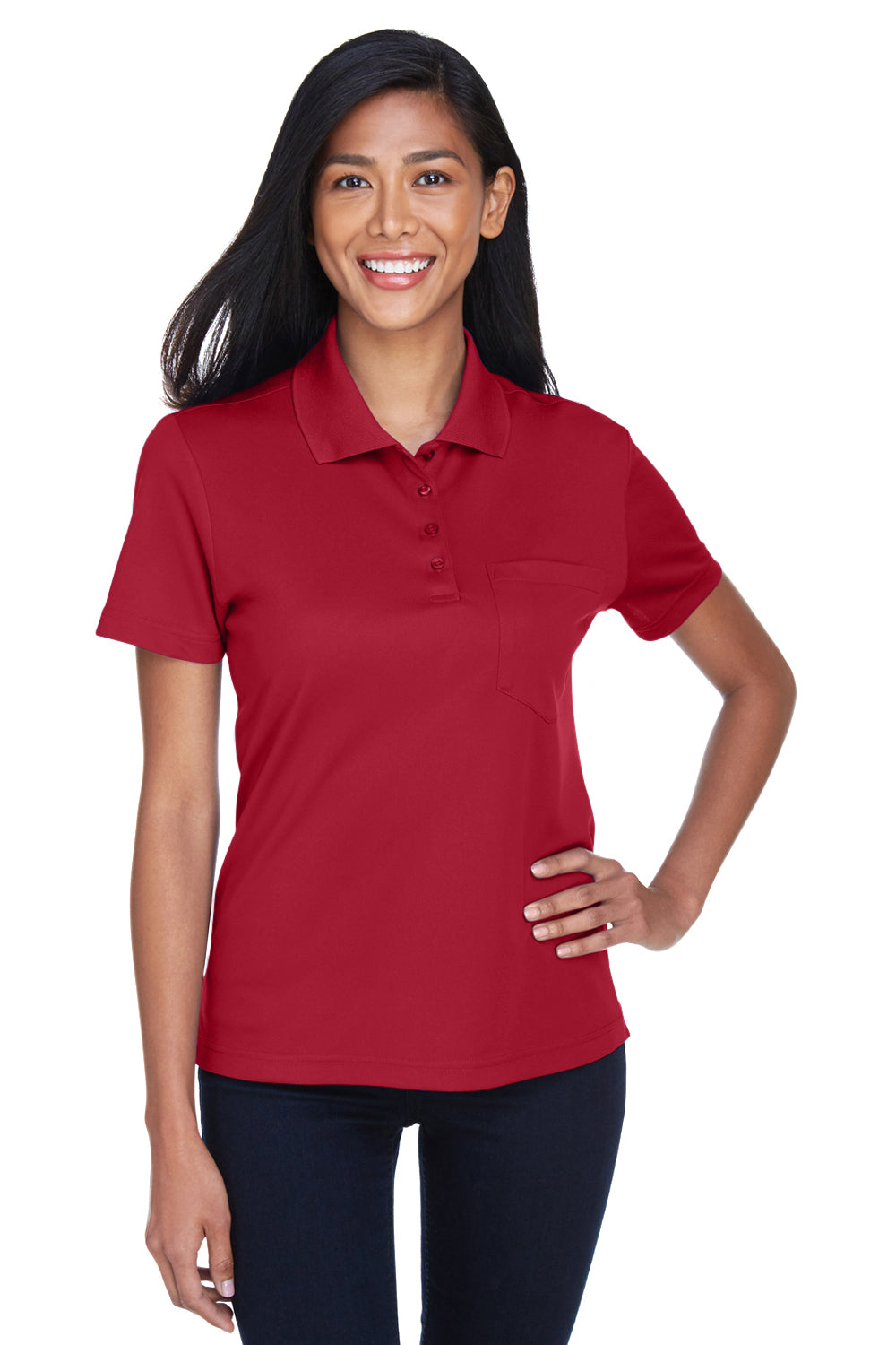 Core 365 78181P Womens Origin Performance Moisture Wicking Short Sleeve Polo Shirt w/ Pocket Classic Red Model Front