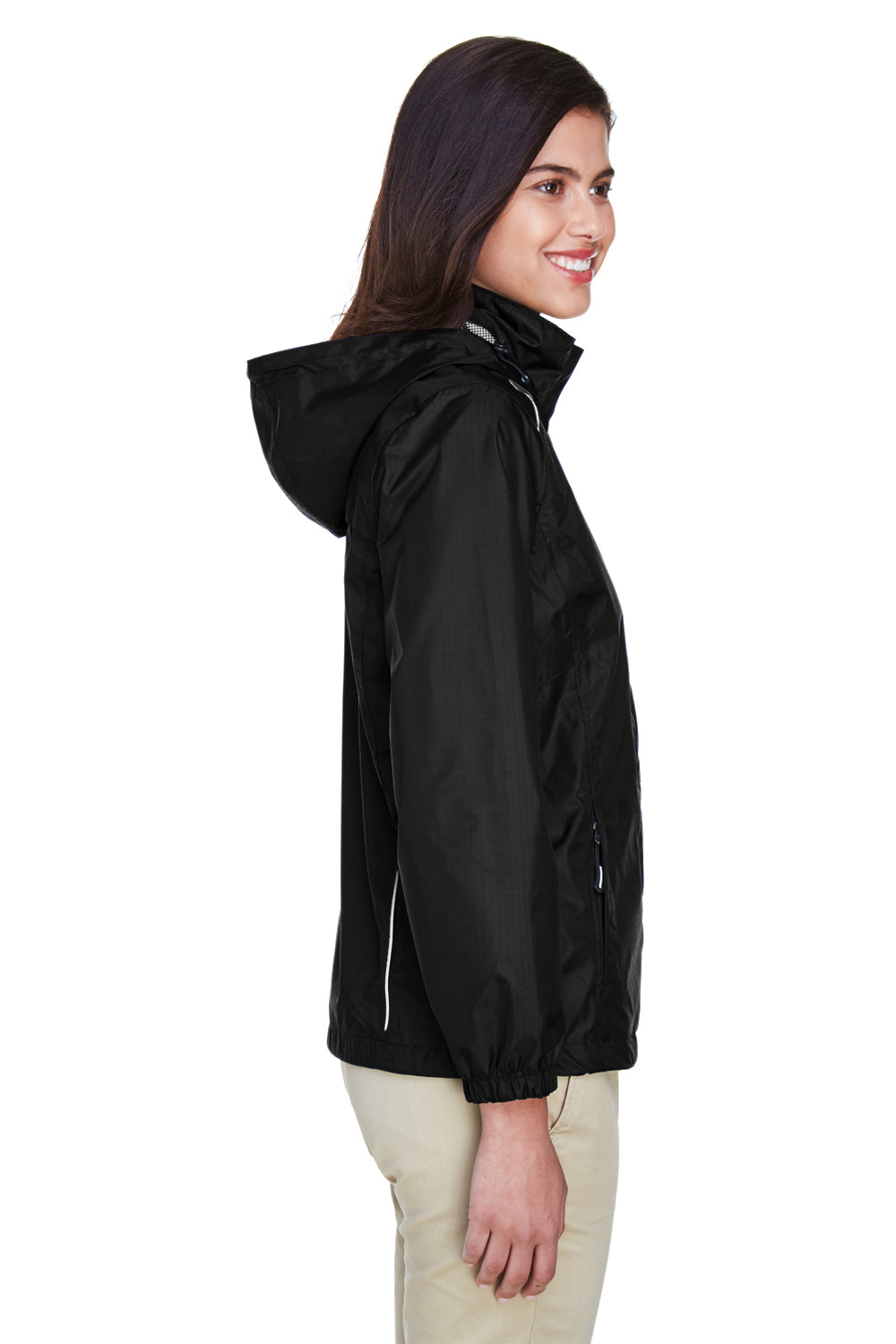 Core 365 78185 Womens Climate Waterproof Full Zip Hooded Jacket Black Model Side