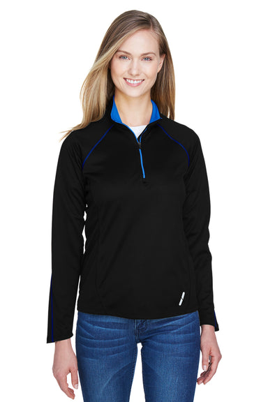 North End 78187 Womens Radar Performance Moisture Wicking 1/4 Zip Sweatshirt Black/True Royal Blue Model Front