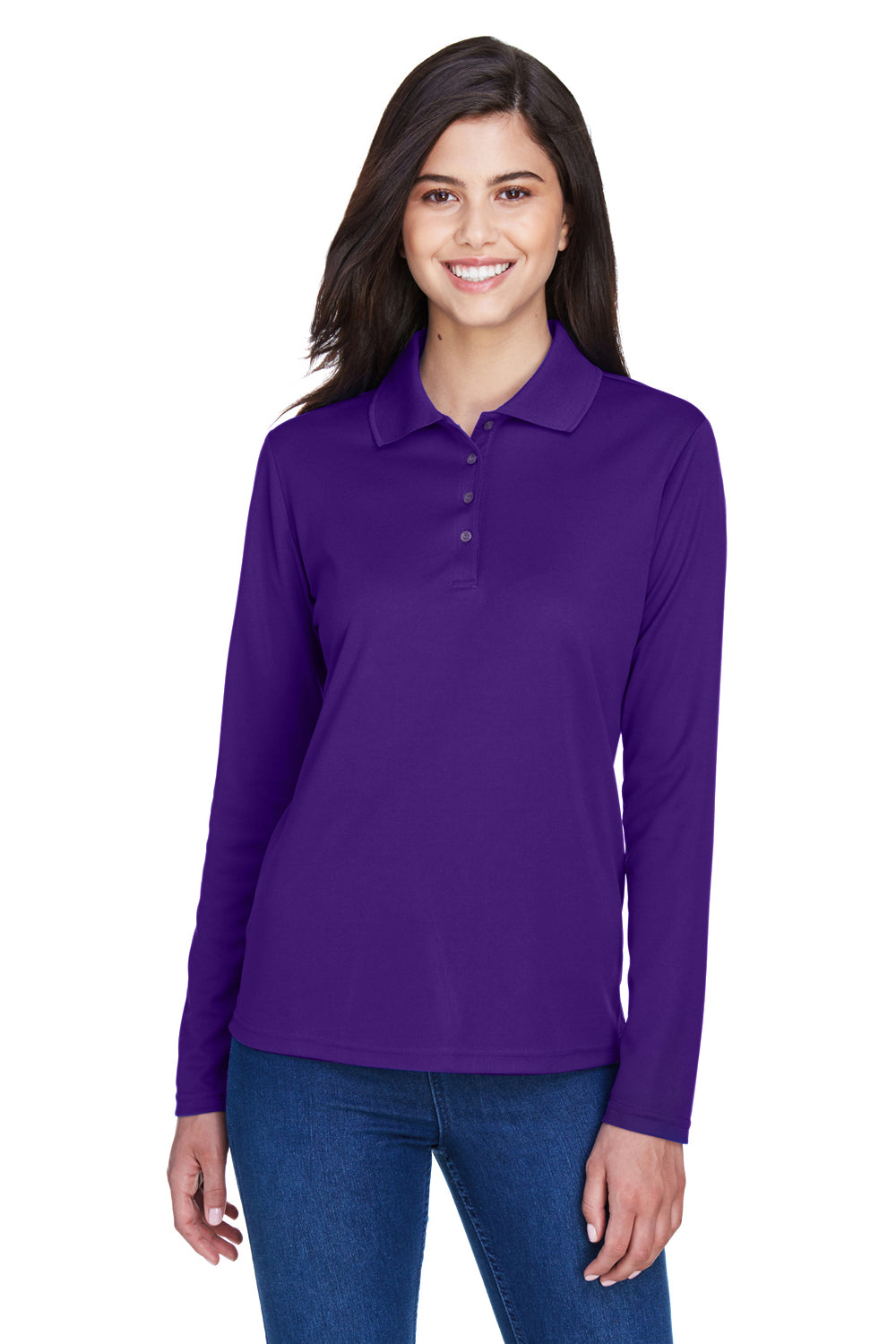 Core 365 78192 Womens Pinnacle Performance Moisture Wicking Long Sleeve Polo Shirt Campus Purple Model Front