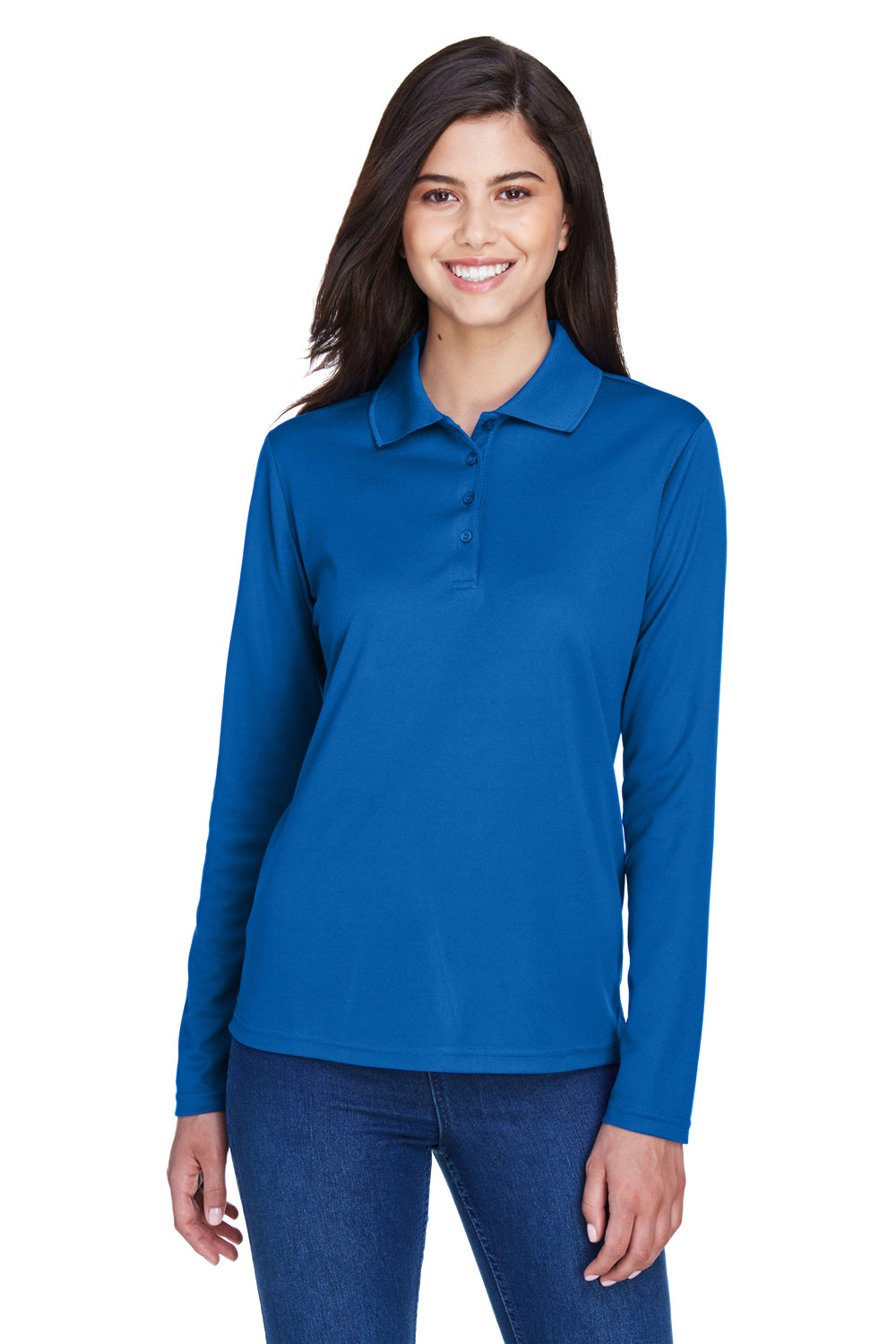 Core 365 78192 Womens Pinnacle Performance Moisture Wicking Long Sleeve Polo Shirt True Royal Blue Model Front