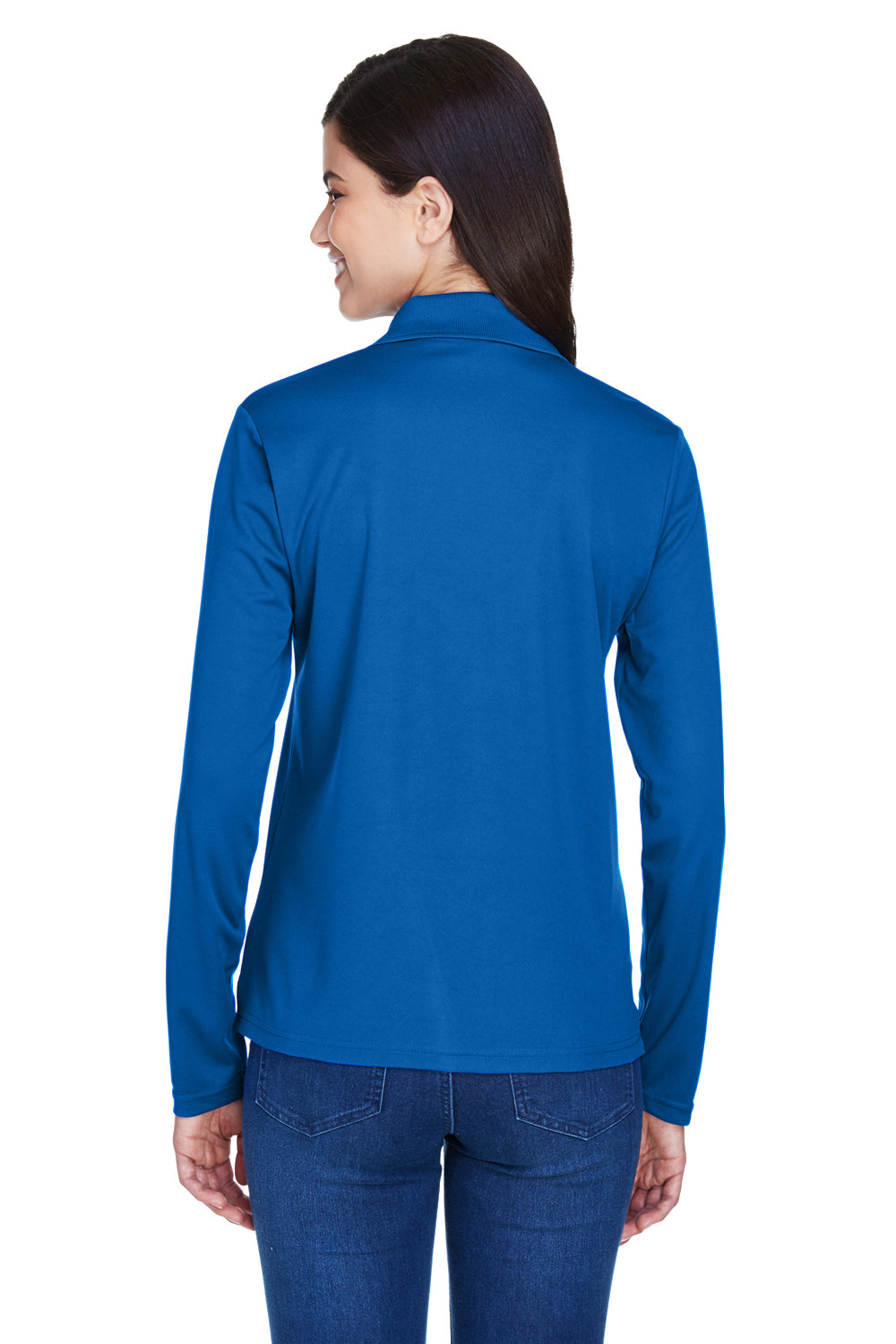 Core 365 78192 Womens Pinnacle Performance Moisture Wicking Long Sleeve Polo Shirt True Royal Blue Model Back