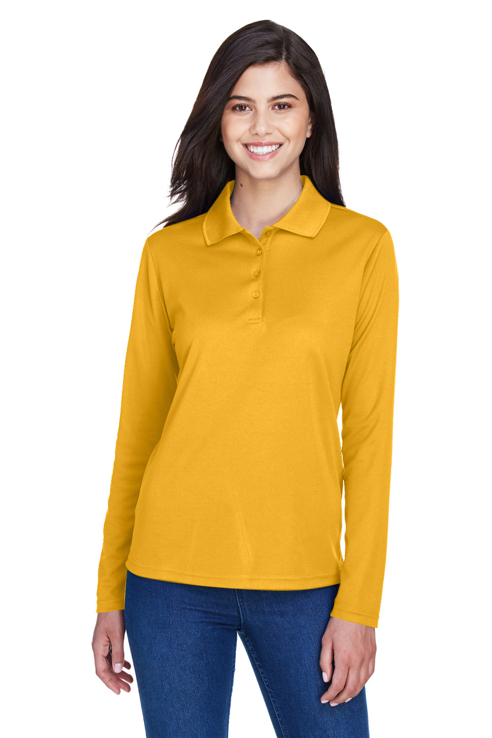 Core 365 78192 Womens Pinnacle Performance Moisture Wicking Long Sleeve Polo Shirt Campus Gold Model Front