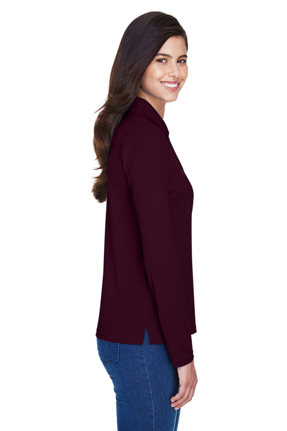 Core 365 78192 Womens Pinnacle Performance Moisture Wicking Long Sleeve Polo Shirt Burgundy Model Side