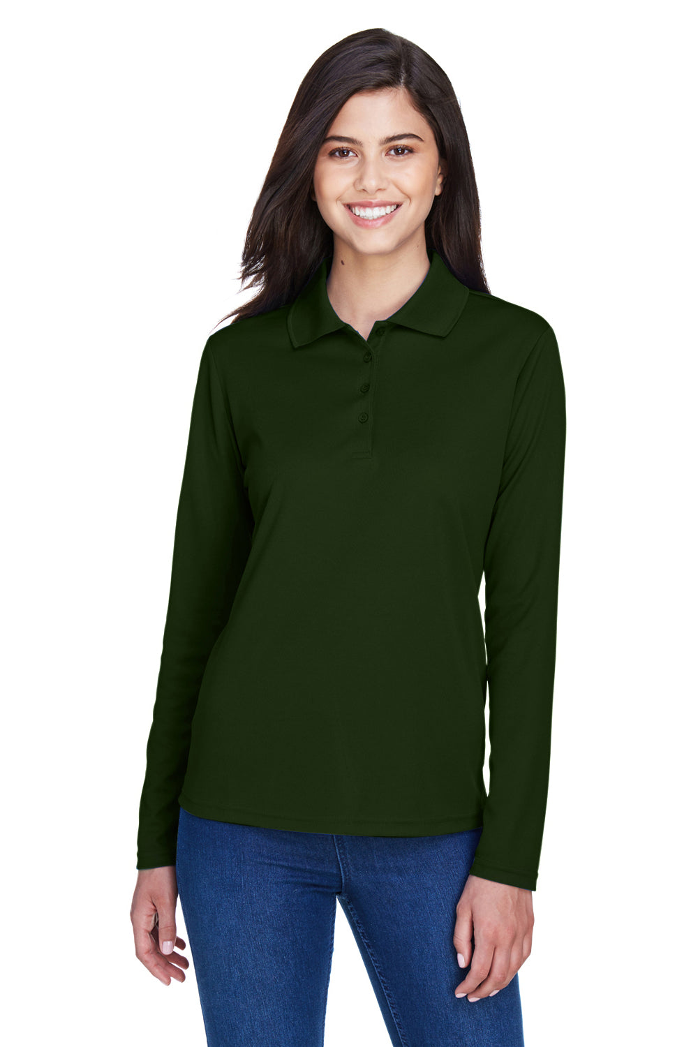 Core 365 78192 Womens Pinnacle Performance Moisture Wicking Long Sleeve Polo Shirt Forest Green Model Front