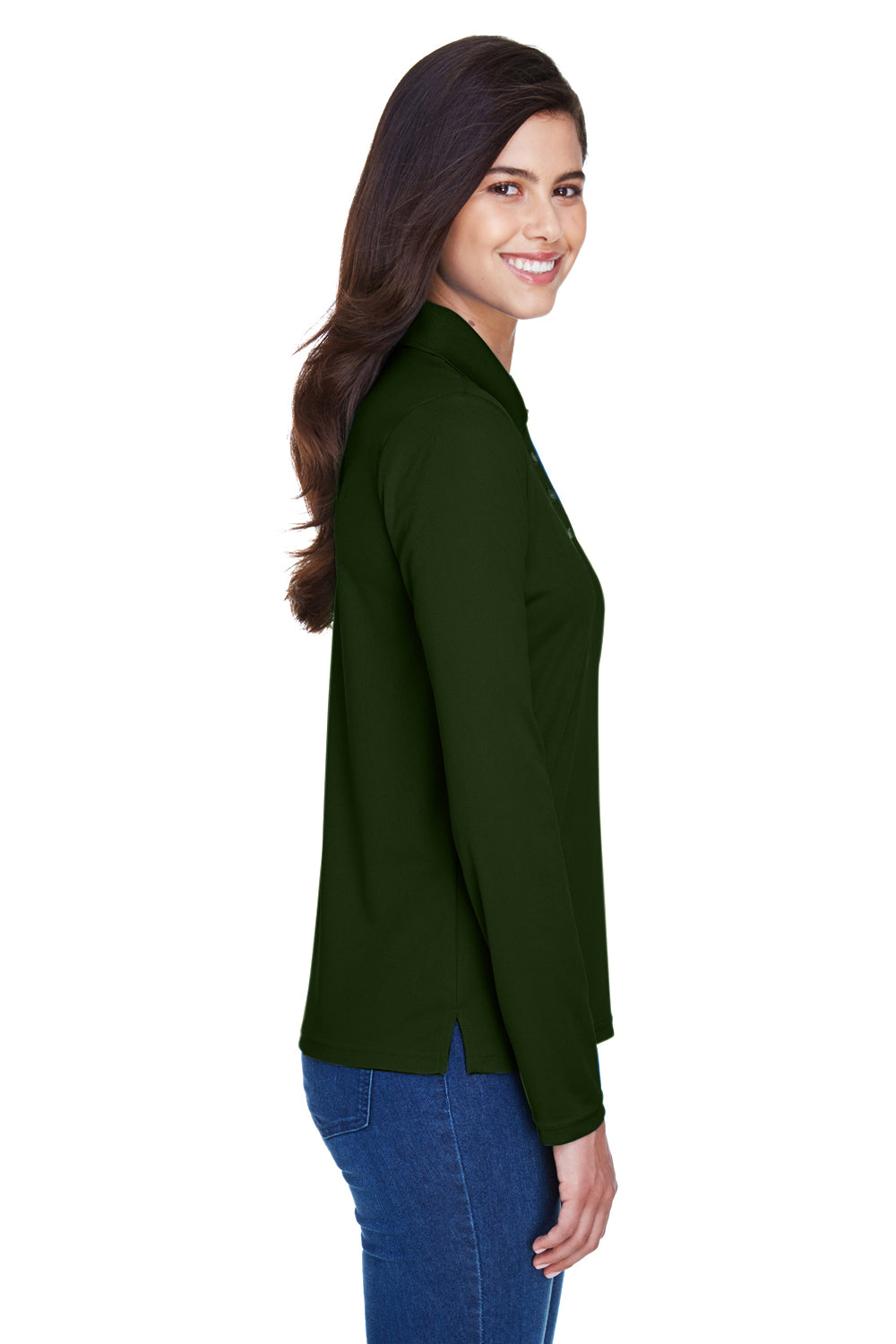 Core 365 78192 Womens Pinnacle Performance Moisture Wicking Long Sleeve Polo Shirt Forest Green Model Side