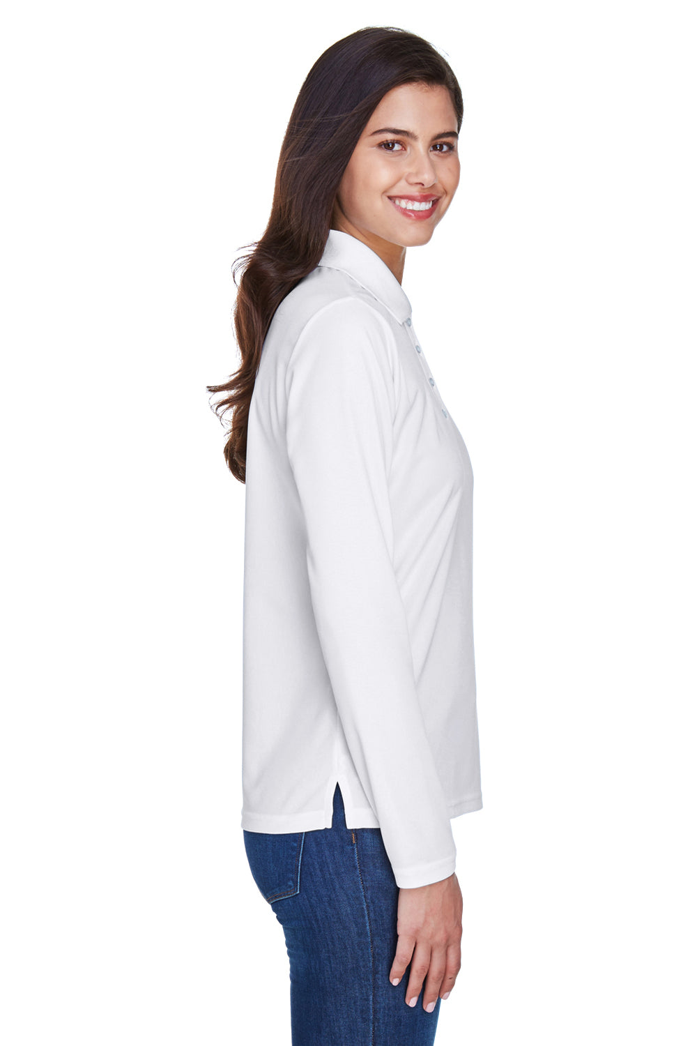 Core 365 78192 Womens Pinnacle Performance Moisture Wicking Long Sleeve Polo Shirt White Model Side