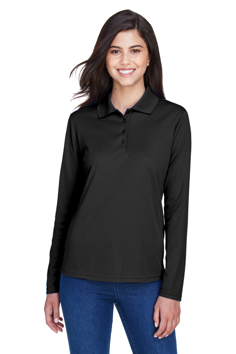 Core 365 78192 Womens Pinnacle Performance Moisture Wicking Long Sleeve Polo Shirt Black Model Front