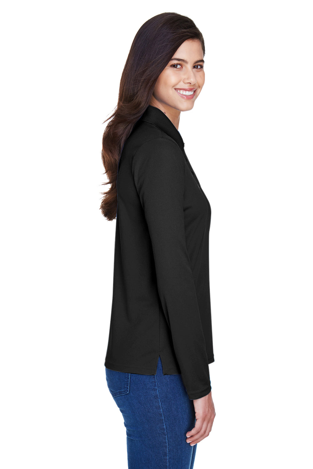 Core 365 78192 Womens Pinnacle Performance Moisture Wicking Long Sleeve Polo Shirt Black Model Side