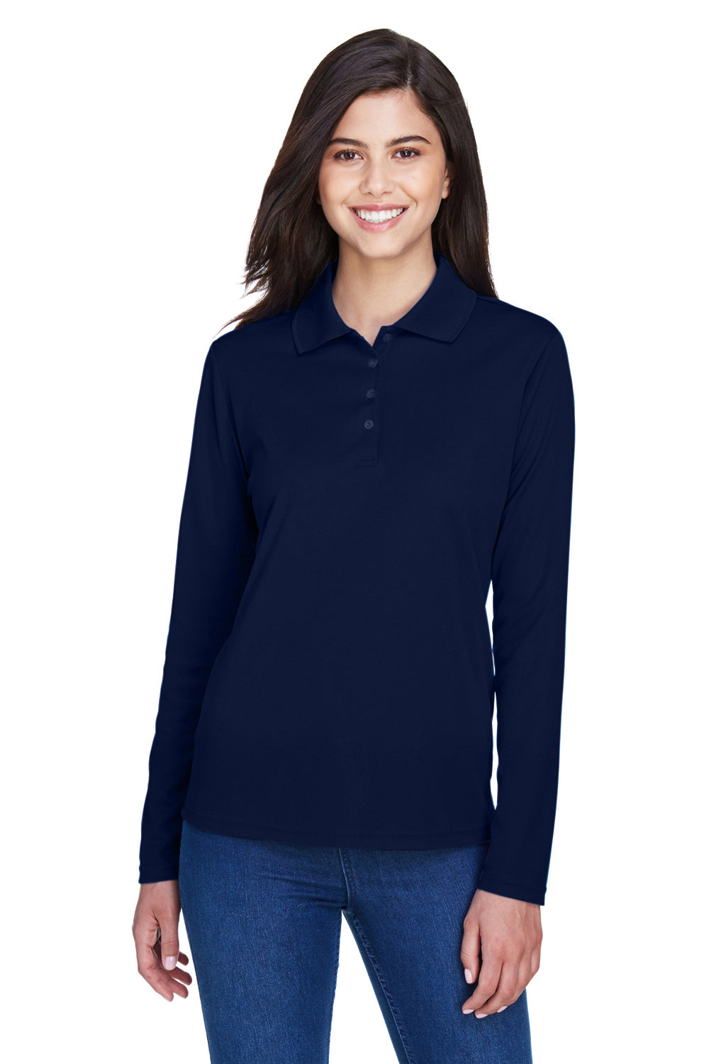 Core 365 78192 Womens Pinnacle Performance Moisture Wicking Long Sleeve Polo Shirt Classic Navy Blue Model Front