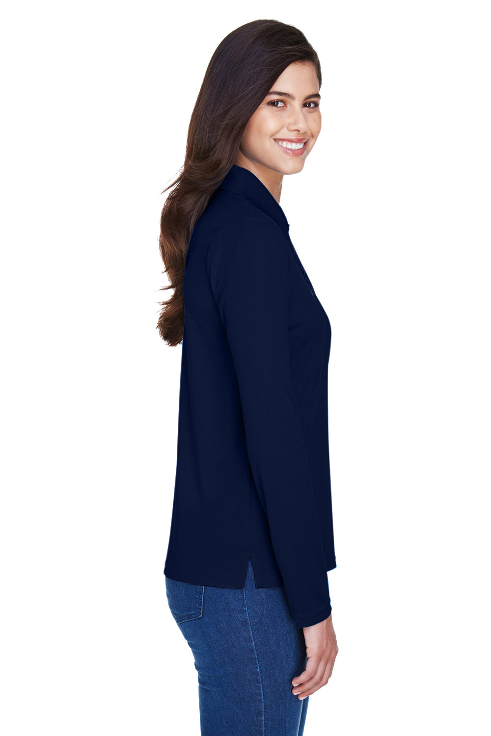 Core 365 78192 Womens Pinnacle Performance Moisture Wicking Long Sleeve Polo Shirt Classic Navy Blue Model Side