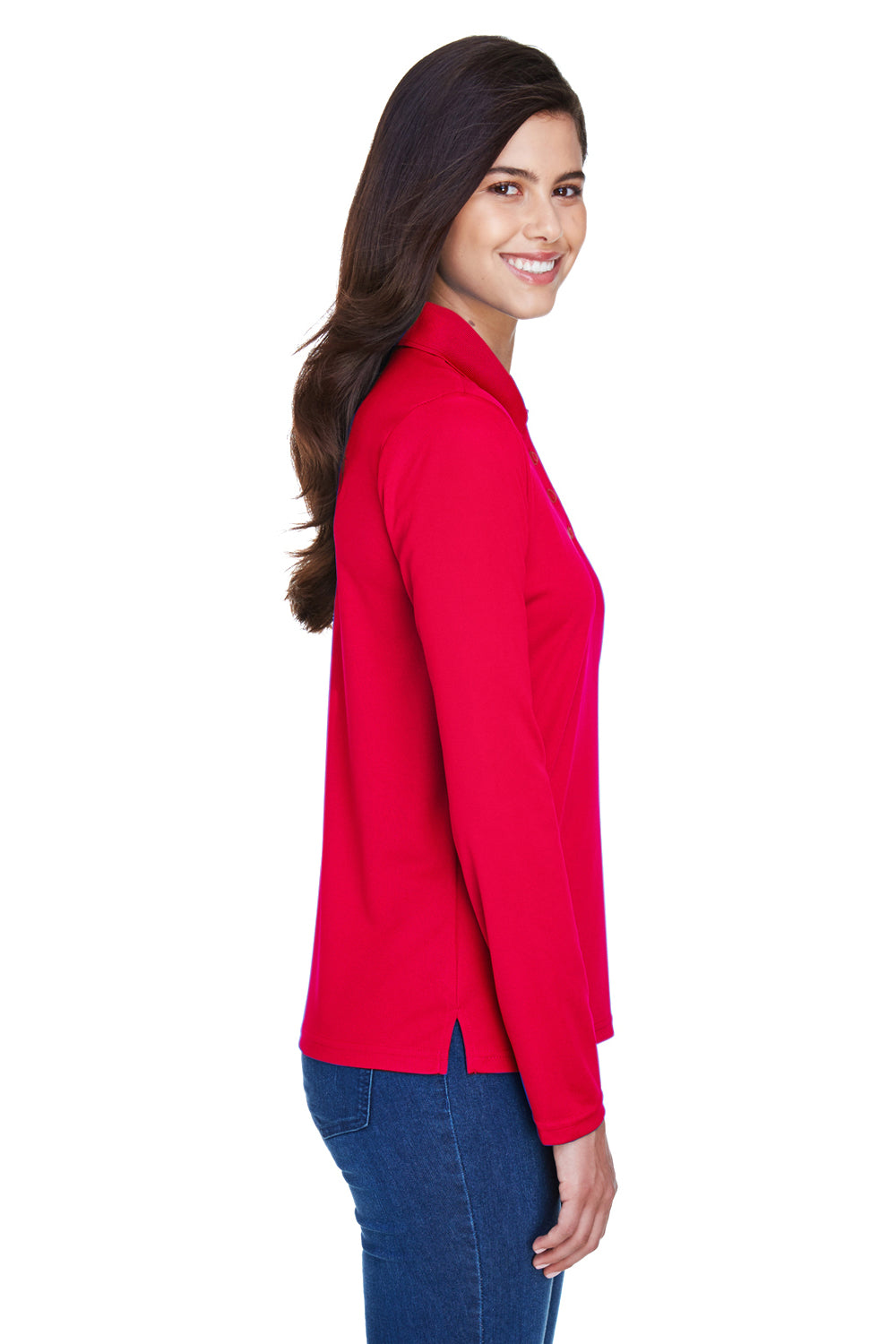 Core 365 78192 Womens Pinnacle Performance Moisture Wicking Long Sleeve Polo Shirt Classic Red Model Side