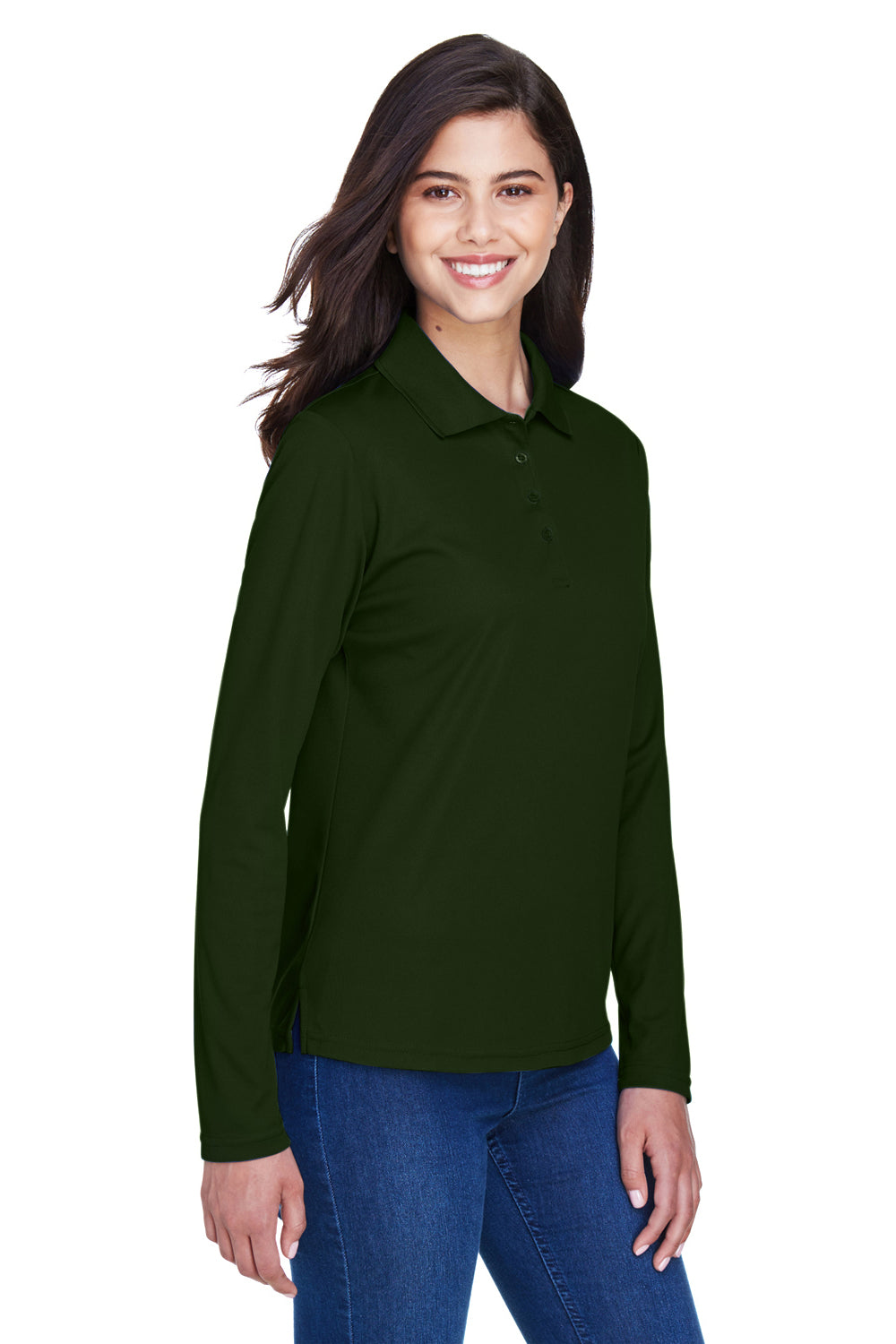 Core 365 78192 Womens Pinnacle Performance Moisture Wicking Long Sleeve Polo Shirt Forest Green Model 3q