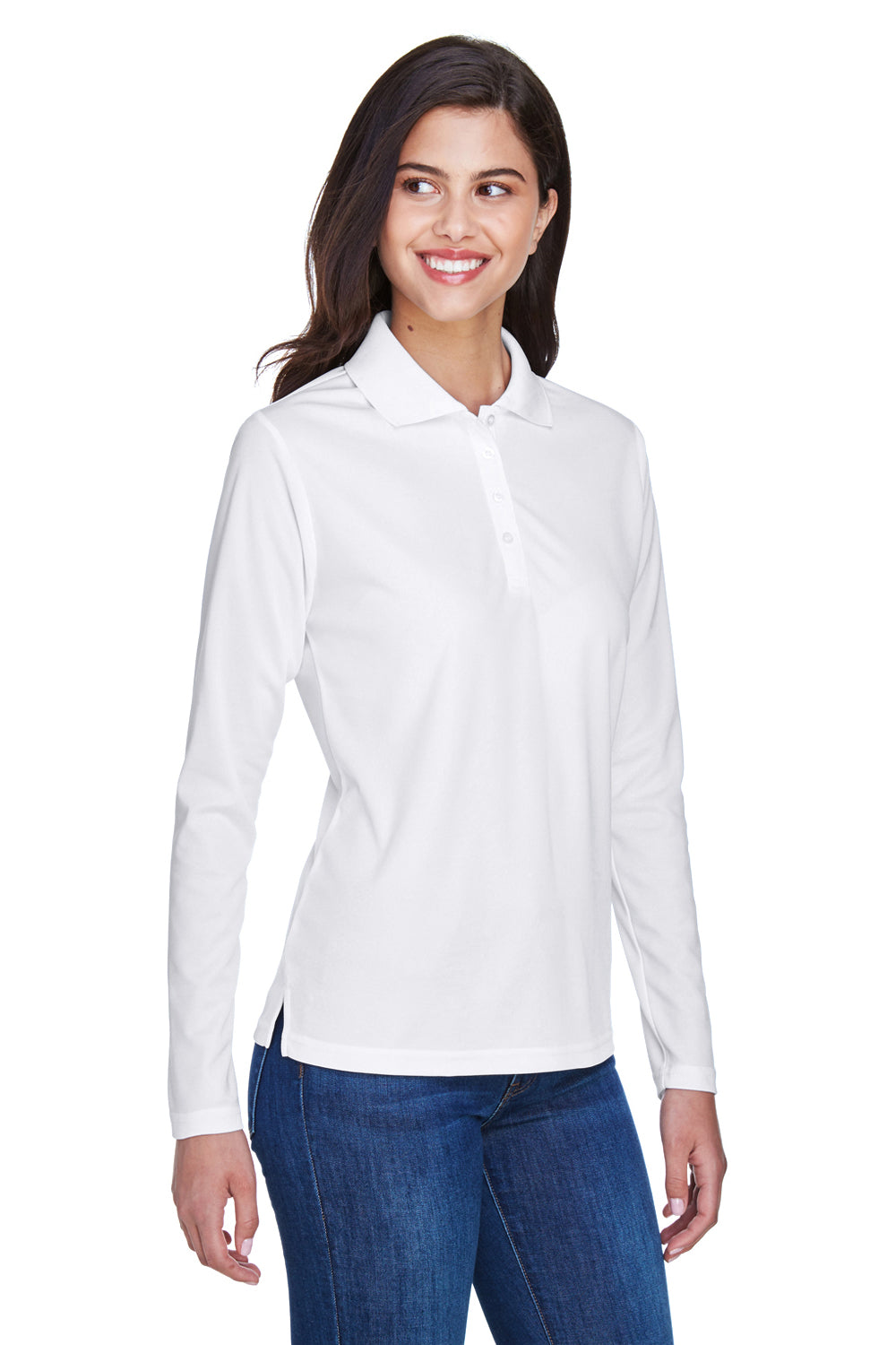 Core 365 78192 Womens Pinnacle Performance Moisture Wicking Long Sleeve Polo Shirt White Model 3q