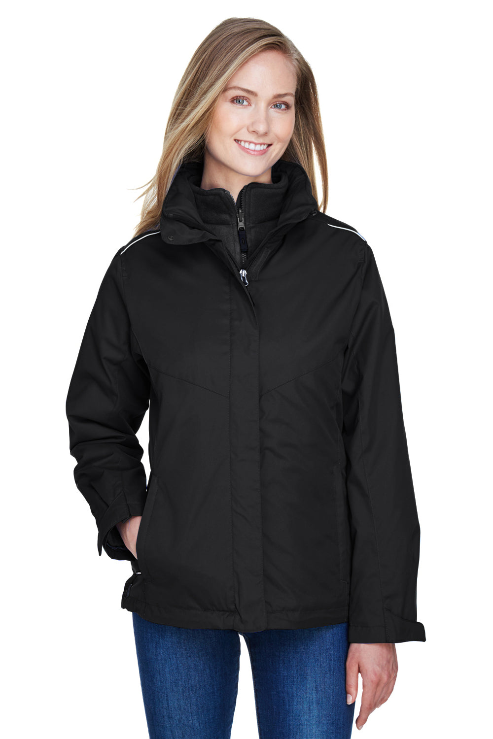 Core 365 78205 Womens Region 3-in-1 Water Resistant Full Zip Hooded Jacket Black Model Front