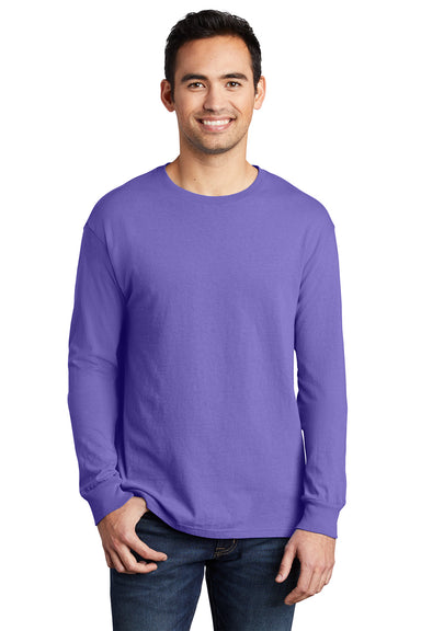 Port & Company PC099LS Mens Beach Wash Long Sleeve Crewneck T-Shirt Amethyst Purple Model Front