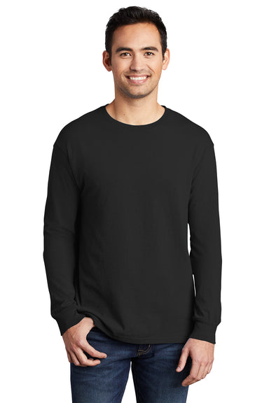 Port & Company PC099LS Mens Beach Wash Long Sleeve Crewneck T-Shirt Black Model Front