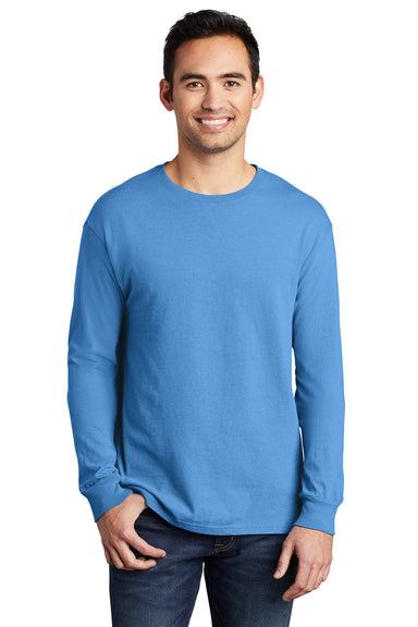 Port & Company PC099LS Mens Beach Wash Long Sleeve Crewneck T-Shirt Blue Moon Model Front