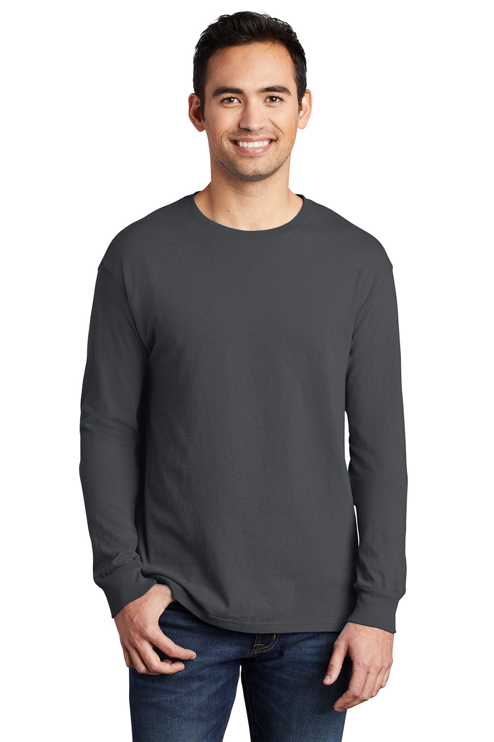 Port & Company PC099LS Mens Beach Wash Long Sleeve Crewneck T-Shirt Coal Grey Model Front