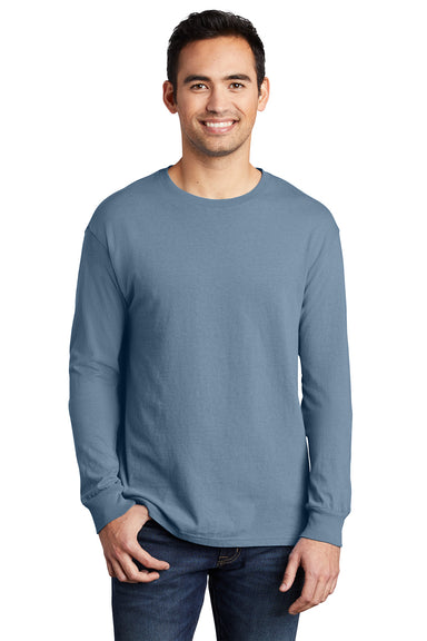 Port & Company PC099LS Mens Beach Wash Long Sleeve Crewneck T-Shirt Denim Blue Model Front