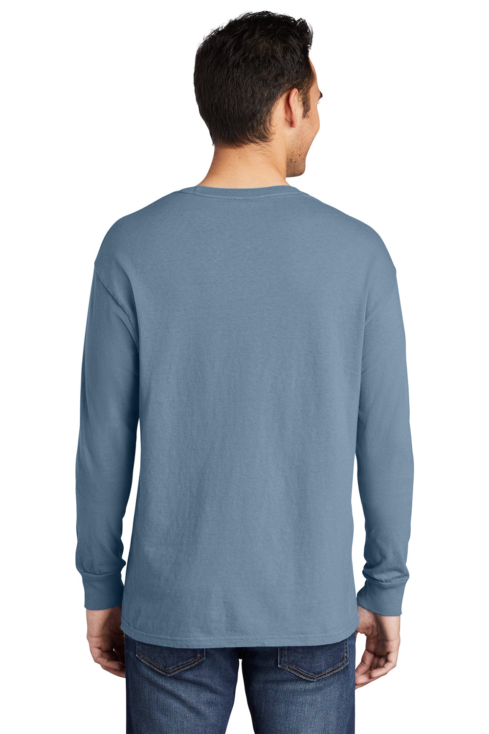 Port & Company PC099LS Mens Beach Wash Long Sleeve Crewneck T-Shirt Denim Blue Model Back