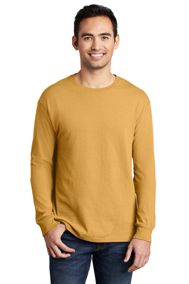 Port & Company PC099LS Mens Beach Wash Long Sleeve Crewneck T-Shirt Dijon Yellow Model Front